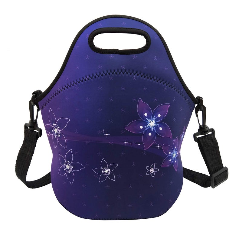 Neoprene Lunch Bags Boxes for Women Men Insulated Lunch Cooler Tote Bag Box for Office Work Picnic Travel Purple Flower