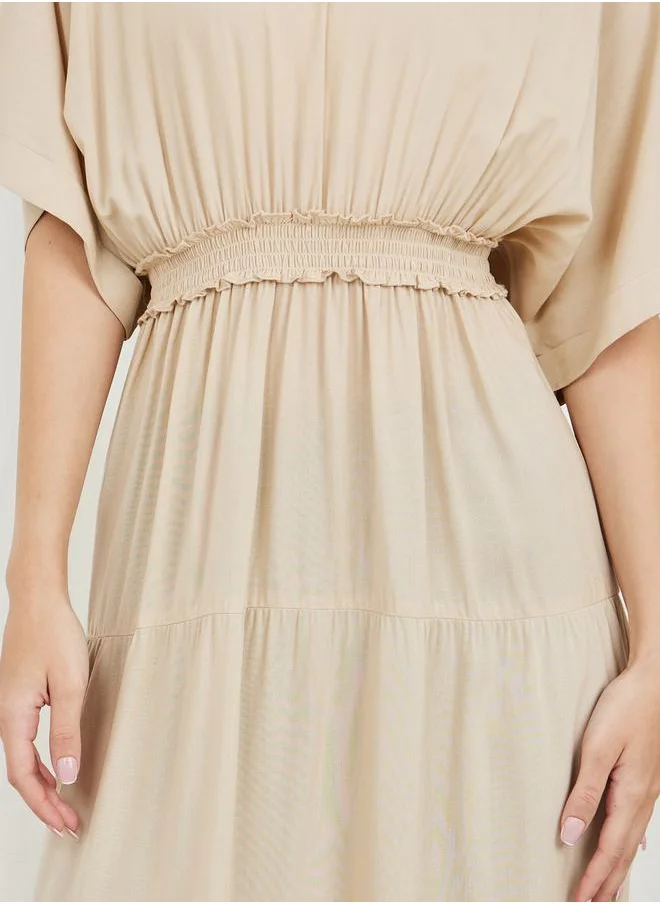 Styli Smocked Waist Jonny Neck Tiered Maxi Dress