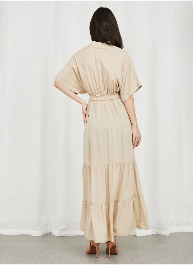 Styli Smocked Waist Jonny Neck Tiered Maxi Dress
