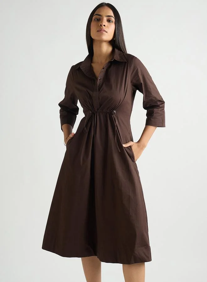 Femmella Women Coffee Brown Poplin Cinched Waist Midi Dress