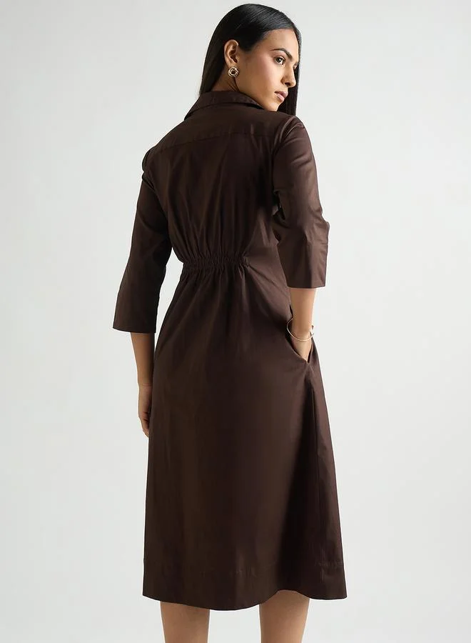 Femmella Women Coffee Brown Poplin Cinched Waist Midi Dress