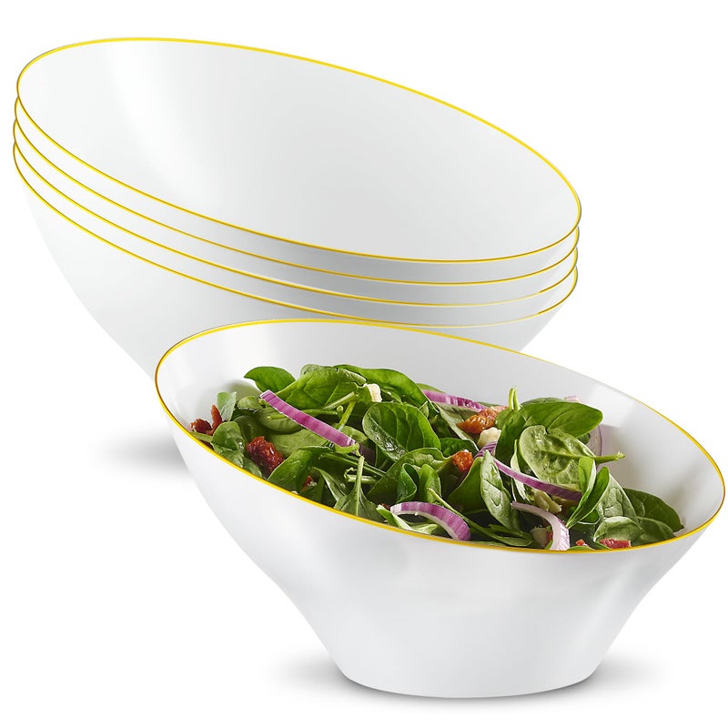PLASTICPRO Angled Plastic Bowls Disposable Large Plastic White Serving Bowls with Gold Rim for Party for Appetizer Salads Pack of 4 - Image 1