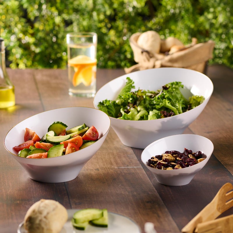 PLASTICPRO Angled Plastic Bowls Disposable Large Plastic White Serving Bowls with Gold Rim for Party for Appetizer Salads Pack of 4 - Image 4
