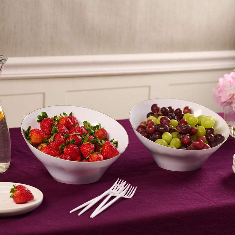 PLASTICPRO Angled Plastic Bowls Disposable Large Plastic White Serving Bowls with Gold Rim for Party for Appetizer Salads Pack of 4 - Image 2