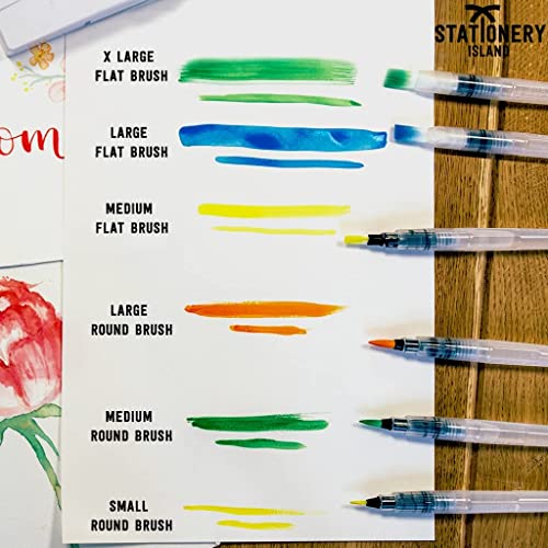 Qatalitic Water Brush Pens Set Of 6 Different Sizes (3 Round Tips And 3 Flat) Both In Fine, Medium & Large - Great For Watercolor Paints, Illustrations, Calligraphy, Markers - Multicolor - Image 3