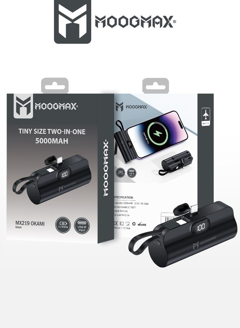 MOOGMAX 2-in-1 Super Tiny Size Mini Power Bank 5000mAh and the size of a lipstick pen. powerbank light weight makes it easy to carry and use. power bank fast charging It has two ports lightning and a side Type-C port-supports fast charging  - Image 1