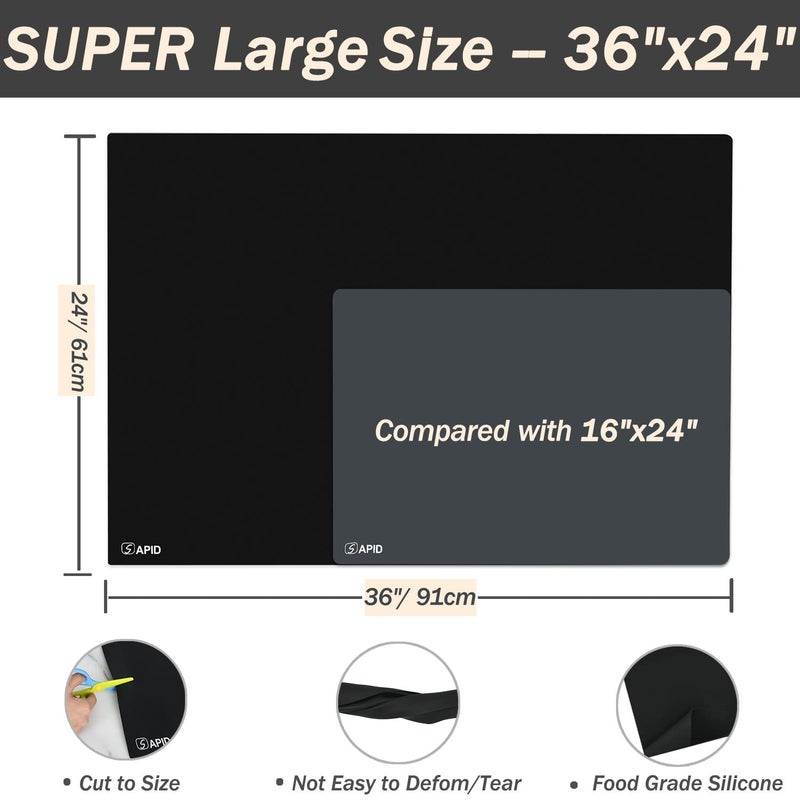 SAPID Extra Large Silicone Mat 36" x 24" Place Mats, Heat Resistant Mat for Kitchen Countertop Protector, Thick Placemats Washable Silicone Mats for Kitchen Counter Mat Dining Table Mat, Black, Sapid - Image 2