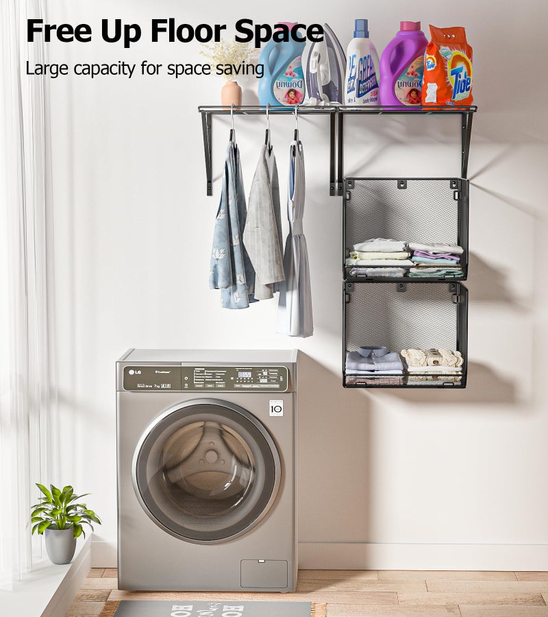 BigPonPon 2 Pack Laundry Room Shelves Organization and Storage,Wall Mounted Clothes Drying Rack with Wire Mesh Basket Over Washer and Dryer, (Black, 2 Pack) - Image 5
