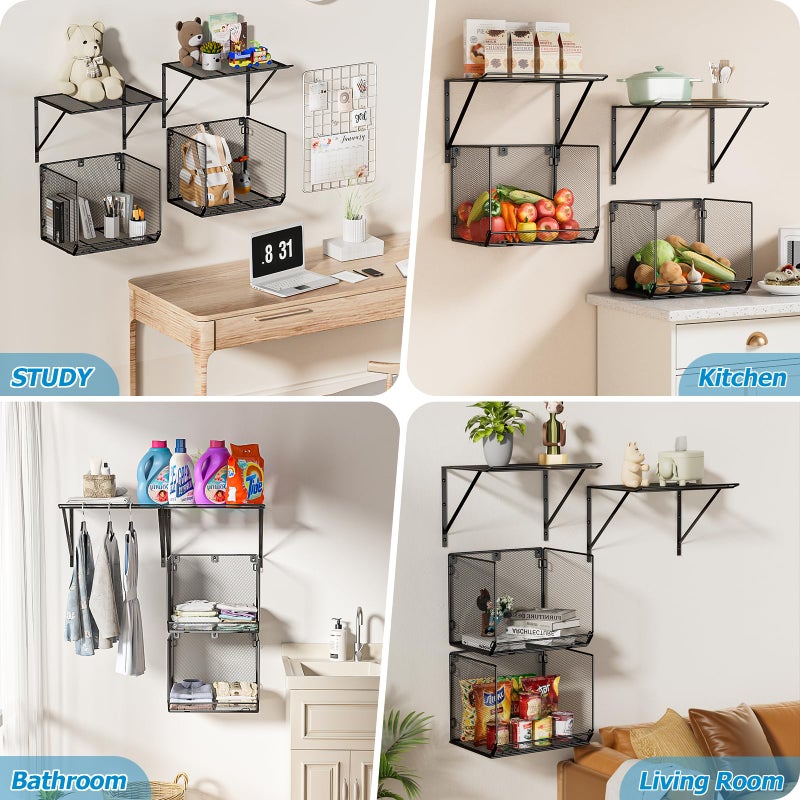 BigPonPon 2 Pack Laundry Room Shelves Organization and Storage,Wall Mounted Clothes Drying Rack with Wire Mesh Basket Over Washer and Dryer, (Black, 2 Pack) - Image 4