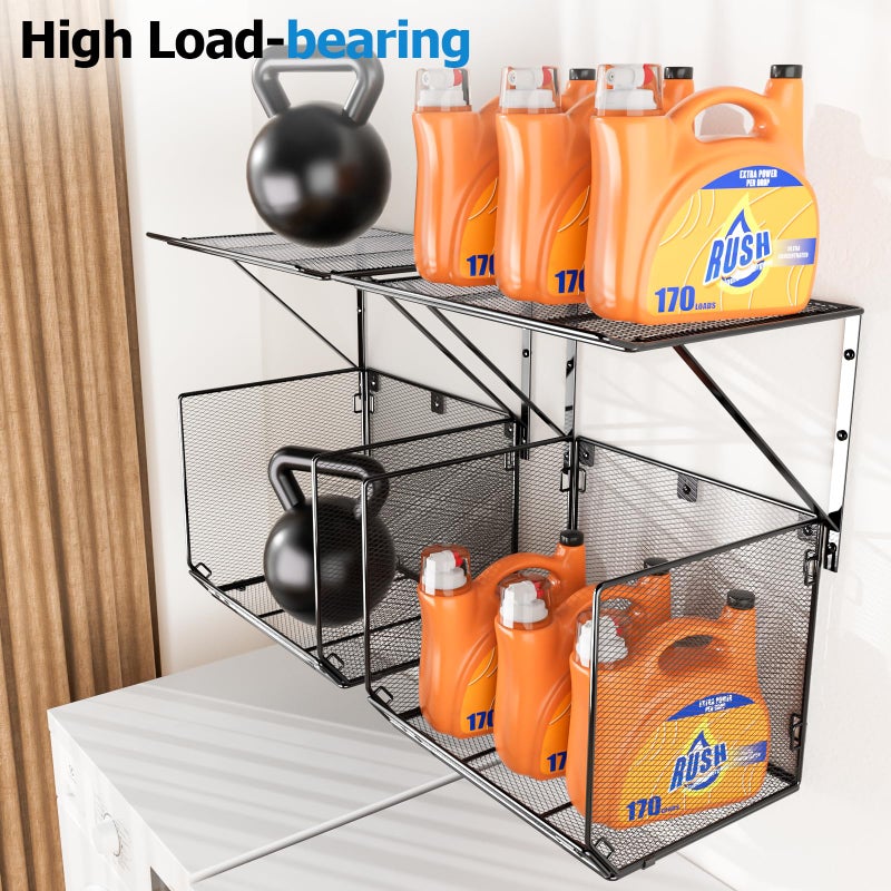 BigPonPon 2 Pack Laundry Room Shelves Organization and Storage,Wall Mounted Clothes Drying Rack with Wire Mesh Basket Over Washer and Dryer, (Black, 2 Pack) - Image 3
