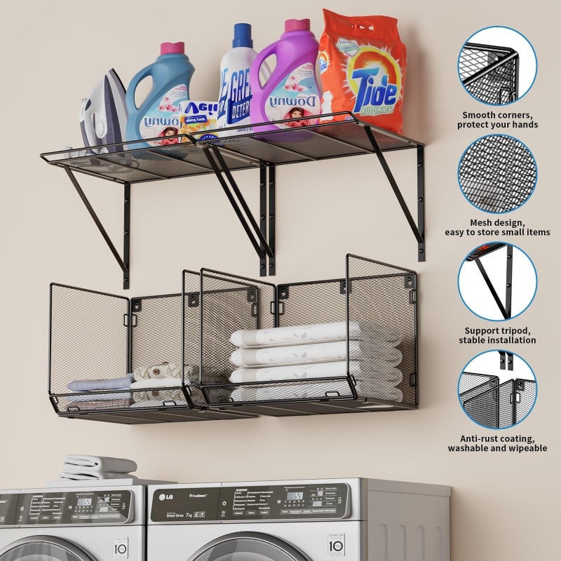 BigPonPon 2 Pack Laundry Room Shelves Organization and Storage,Wall Mounted Clothes Drying Rack with Wire Mesh Basket Over Washer and Dryer, (Black, 2 Pack) - Image 2