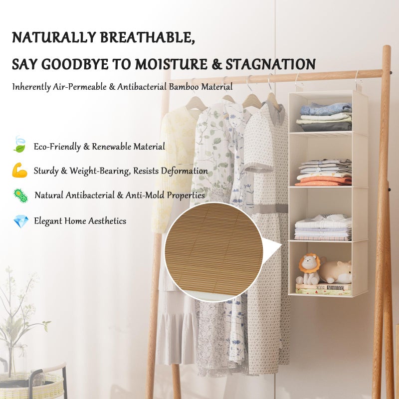 VERONLY Hanging Closet Organizer and Storage with Bamboo Shelves - Foldable Storage for Clothes, Towels, Accessories | Space Saving, No Assembly Needed (Beige) - Image 3