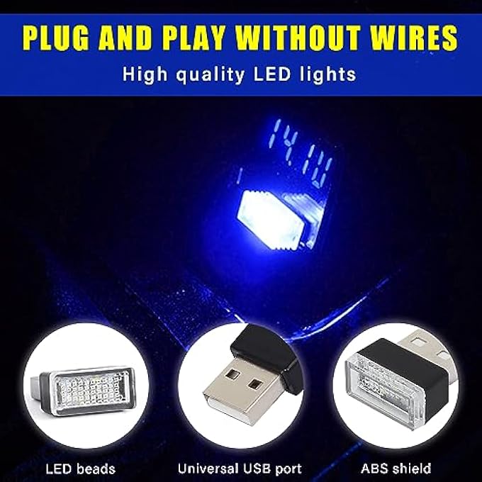 Augeny 4 Pcs Car Interior Usb Led Light Decorative Usb Night Light Portable Ambient Lighting Kit Universal Vehicle Interior Accessories For Most Cars Blue - Image 3