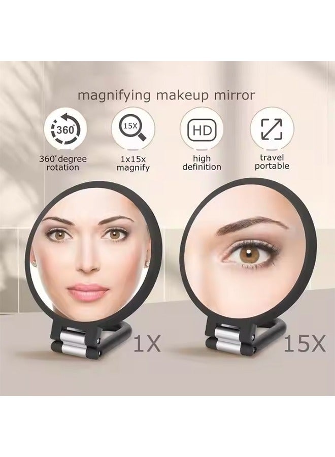 مرآة محمولة، 1x 15x مكبر المكياج مرآة مع مقبض - مرآة يدوية مزدوجة الجانب مع 1x15x مكبر ومقبض قابل للطي، مرآة يدوية مكياج السفر المحمولة للمرأة (الأسود) - Image 2