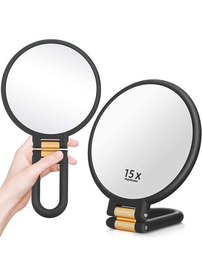 مرآة محمولة، 1x 15x مكبر المكياج مرآة مع مقبض - مرآة يدوية مزدوجة الجانب مع 1x15x مكبر ومقبض قابل للطي، مرآة يدوية مكياج السفر المحمولة للمرأة (الأسود) - Image 1