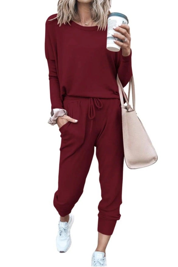 2024 Amazon Autumn New Independent European and American Cross-border Shrimp Womens Home Solid Color Casual Fashion Wine red