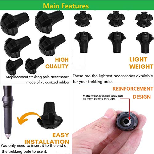 Monfasye Trekking Poles Tips, Rubber Hiking Sticks End Caps Protectors Replacement Accessorie Fit Most Hiking Trekking Walking Canes (6 Pieces) - Image 2