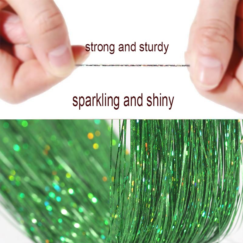 CelineBella Hair Tinsel Green,48 Inch 1250 Strands Fairy Hair,Sparkling Shiny Highlights Glitter Tinsel Hair Extensions for Women for St Patrick' s Day Party Cosplay New Year - Image 3