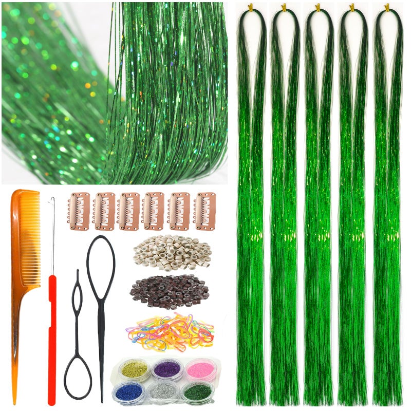 CelineBella Hair Tinsel Green,48 Inch 1250 Strands Fairy Hair,Sparkling Shiny Highlights Glitter Tinsel Hair Extensions for Women for St Patrick' s Day Party Cosplay New Year - Image 1