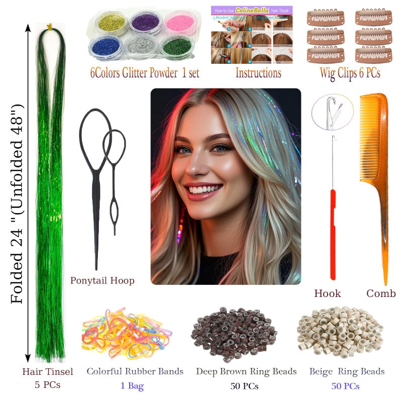 CelineBella Hair Tinsel Green,48 Inch 1250 Strands Fairy Hair,Sparkling Shiny Highlights Glitter Tinsel Hair Extensions for Women for St Patrick' s Day Party Cosplay New Year - Image 2