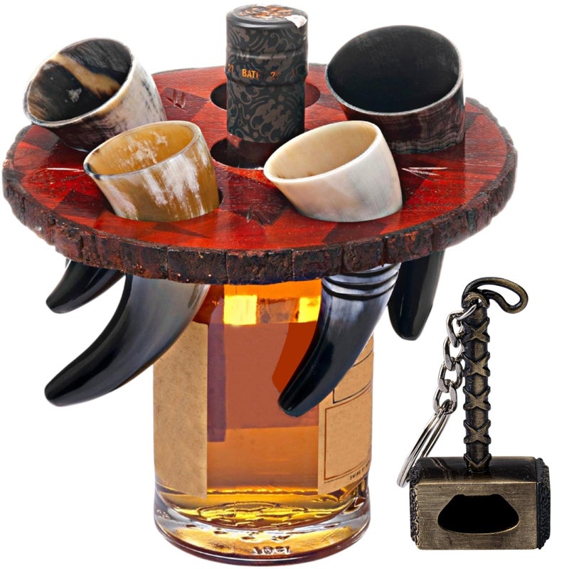 FENRIR Viking Drinking Horn Set of 5 Gifts for Men Dad Husband Unique Viking Gift Handmade Real Ox Horn Cup with Wooden Storage Tray Opener For Beer Ale Mead - Image 2