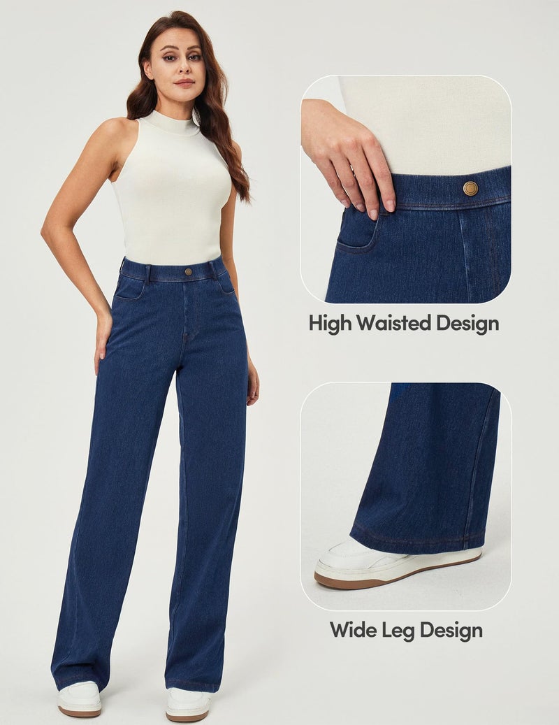 IUGA Wide Leg Jeans Woman Stretchy Sweatpant Jeans Women Pull On Baggy Jean High Waisted Trendy Straight Casual Denim Pants Dark Blue - Image 5