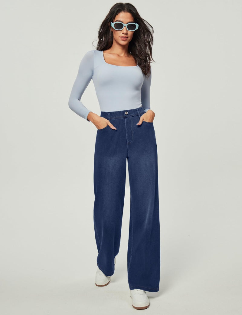 IUGA Wide Leg Jeans Woman Stretchy Sweatpant Jeans Women Pull On Baggy Jean High Waisted Trendy Straight Casual Denim Pants Dark Blue - Image 2
