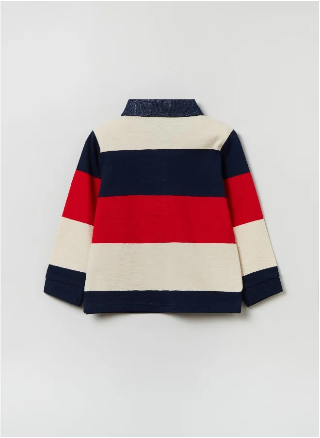 او في اس Ovs Fagottino Striped Polo Shirt With Denim Collar