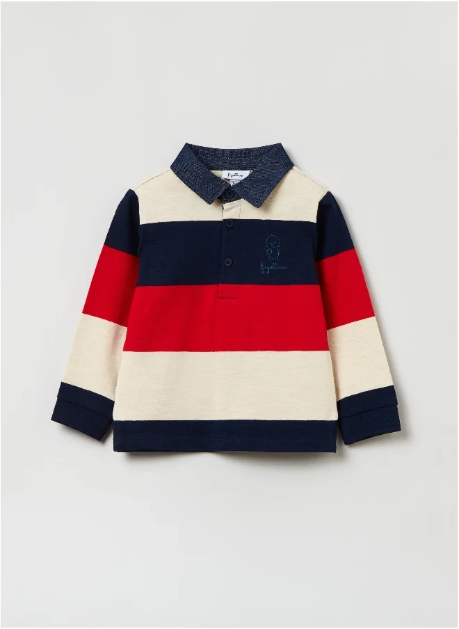 او في اس Ovs Fagottino Striped Polo Shirt With Denim Collar