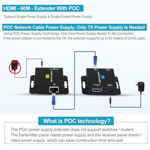avedio links 196ft/60m HDMI Extender Over Cat 5e/6/7, 1080P HDMI Ethernet Extender Balun Adapter with Single POC Power Supply, Support 3D, EDID, Deep Color, Compatible with DVD, Fire Stick, Roku, PS5 - Image 2