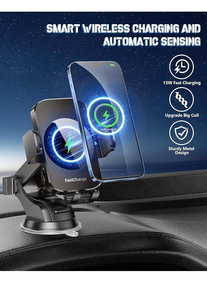 KASTWAVE Fast Wireless Car Charger & Phone Holder, 3-In-1 Auto Clamping Mount For Iphone 15/14/13/12/11 & Samsung S23/S22/S21/S20/S10+/S9+/Note 9 - Black - Image 2