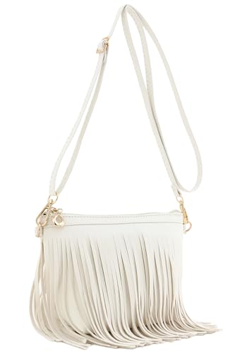 FashionPuzzle Small Fringe Crossbody Bag with Wrist Strap (Off White) - Image 1