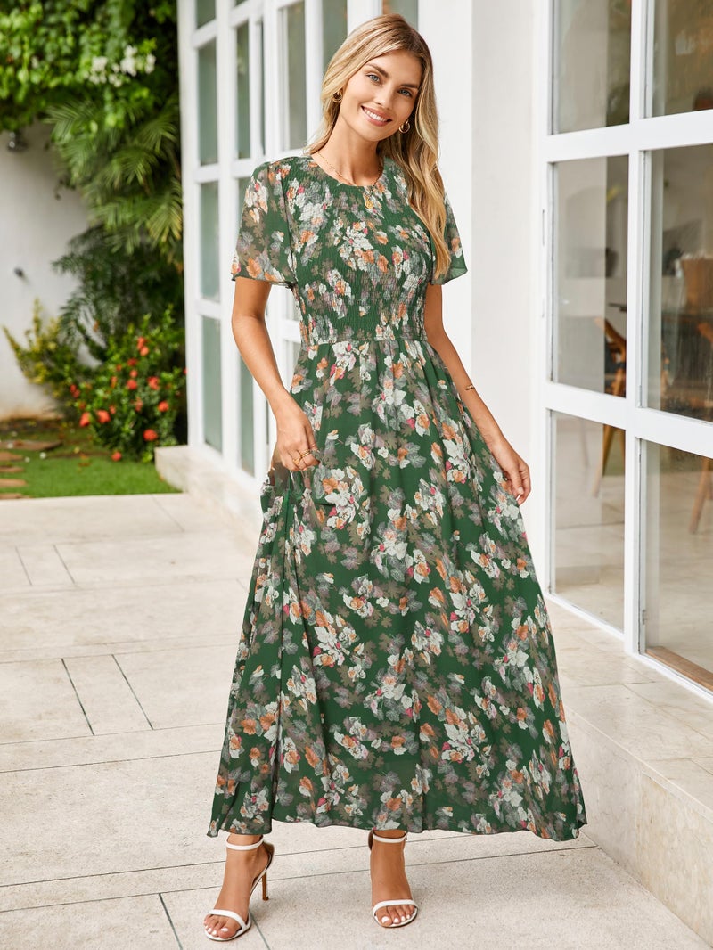Simplee Apparel Simplee Womens Spring Floral Maxi Wedding Guest Dress Bohemian Short Sleeve Loose Sundress Lightweight Flowy Prom Vacation Dress(Light Green L) - Image 4