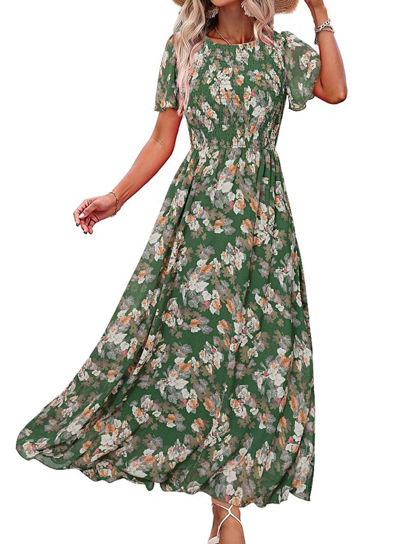 Simplee Apparel Simplee Womens Spring Floral Maxi Wedding Guest Dress Bohemian Short Sleeve Loose Sundress Lightweight Flowy Prom Vacation Dress(Light Green L) - Image 1