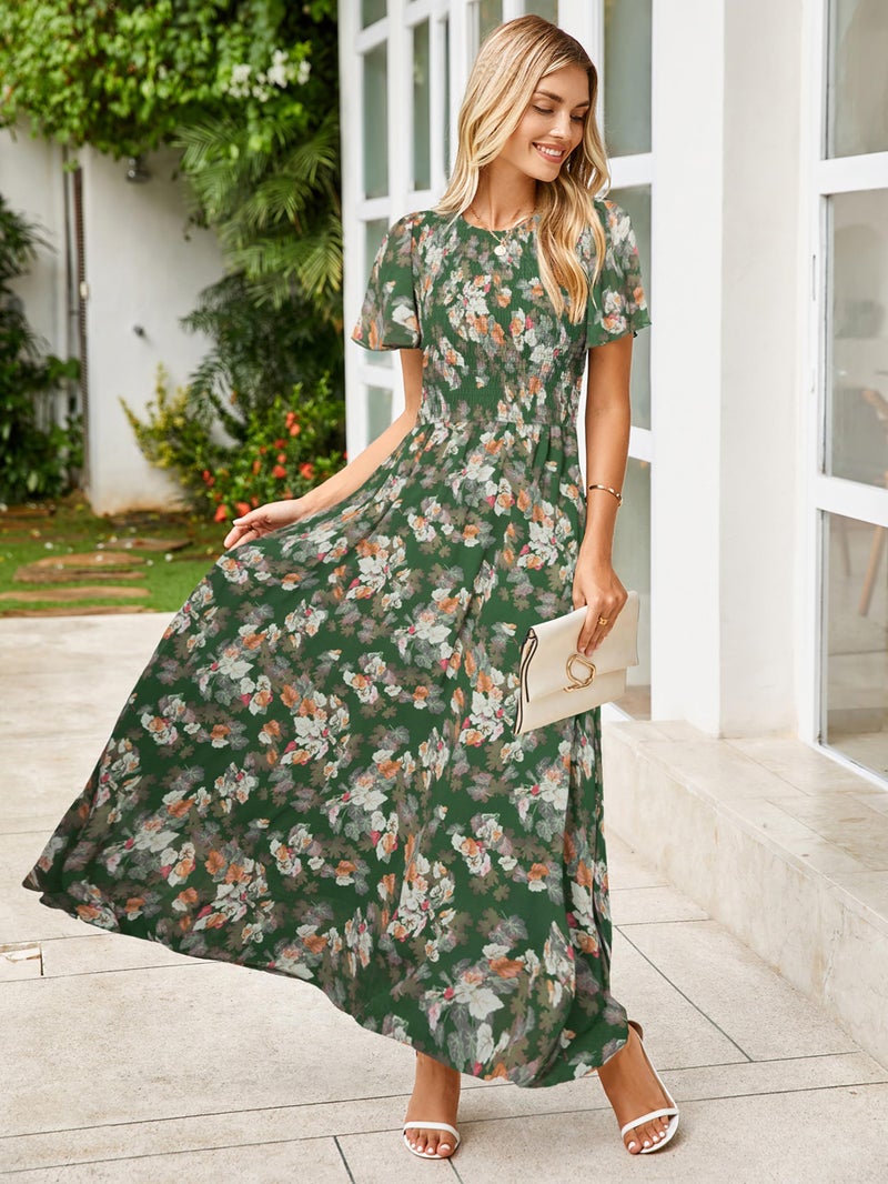 Simplee Apparel Simplee Womens Spring Floral Maxi Wedding Guest Dress Bohemian Short Sleeve Loose Sundress Lightweight Flowy Prom Vacation Dress(Light Green L) - Image 2