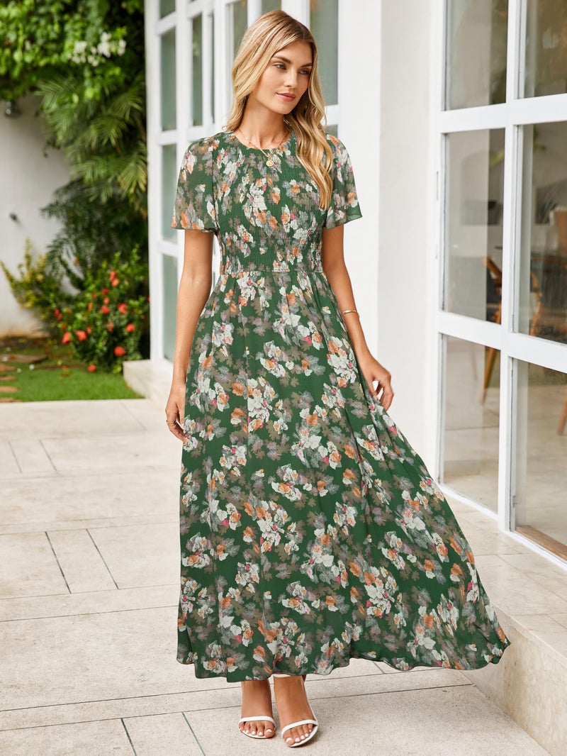 Simplee Apparel Simplee Womens Spring Floral Maxi Wedding Guest Dress Bohemian Short Sleeve Loose Sundress Lightweight Flowy Prom Vacation Dress(Light Green L) - Image 5
