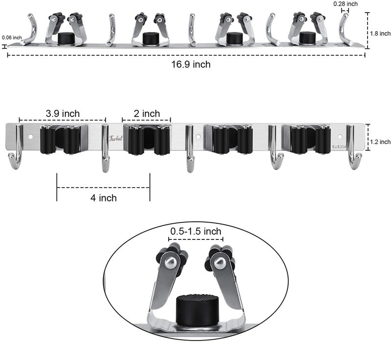 Zollyss Broom Mop Holder Wall Mount Stainless Steel Tool Hanger Storage Organizer For Home Kitchen Garage Garden Laundry Room Bathroom and Closet Shelves4 Racks 5 Hooks1Pcs - Image 5