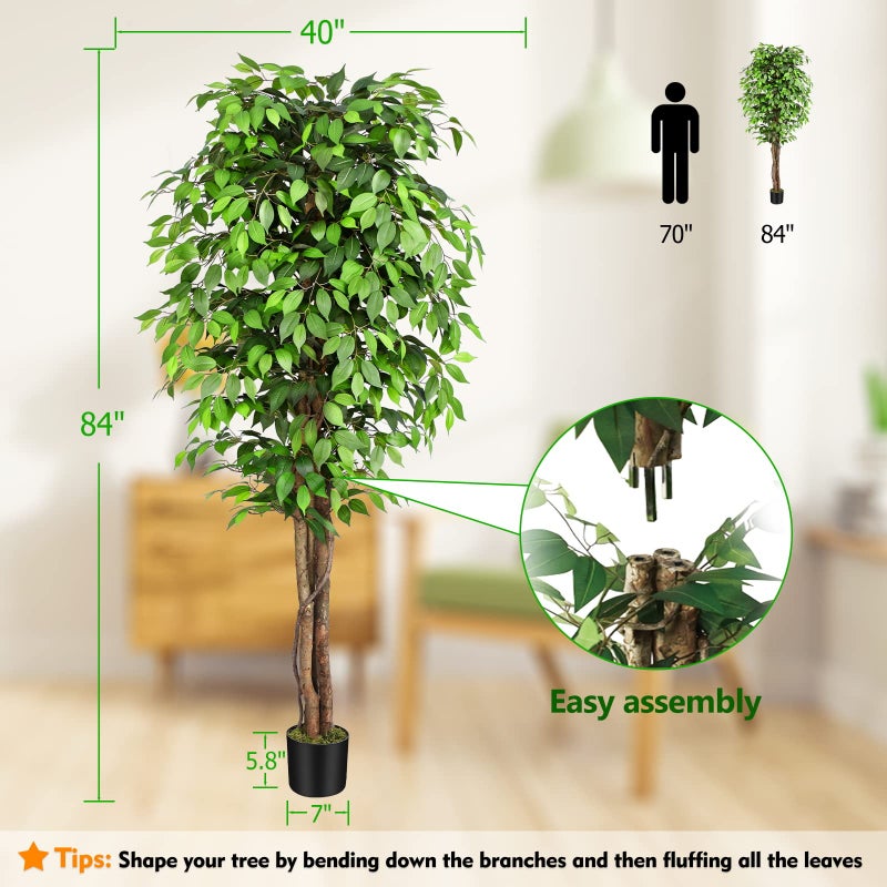 Keeplush 7ft Large Ficus Artificial Trees with Natural Curved Trunks, 84" Tall Lush Faux Tree for Home Decor Indoor, Green Lifelike Fake Ficus Tree Artificial Plants in Potï¼ˆSet of 2ï¼‰ - Image 5