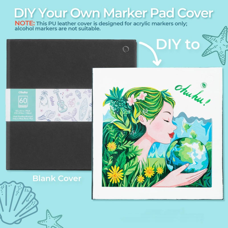 Ohuhu Double Sided Marker Pads Art Sketchbook Bleedproof - 8.3x8.3 Square Art Sketch Book Drawing Papers 60 Sheets/120 Pages 90LB/150GSM Hardcover Sketching Books for Alcohol Marker Painting Coloring - Image 3