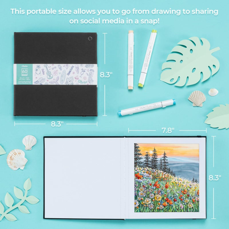 Ohuhu Double Sided Marker Pads Art Sketchbook Bleedproof - 8.3x8.3 Square Art Sketch Book Drawing Papers 60 Sheets/120 Pages 90LB/150GSM Hardcover Sketching Books for Alcohol Marker Painting Coloring - Image 5