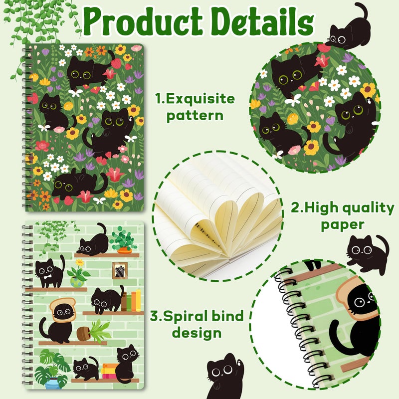 B1ykin A5 Spiral Notebooks, 2Pcs 50 Sheets 100 Pages Cute Wire Bound Travel Journal Spiral Notebookï¼Œ Writing Notepads Memo Diary Notes Travel Journal Notebooks for Kids Teens Students Adults (Black Cat Floral) - Image 3