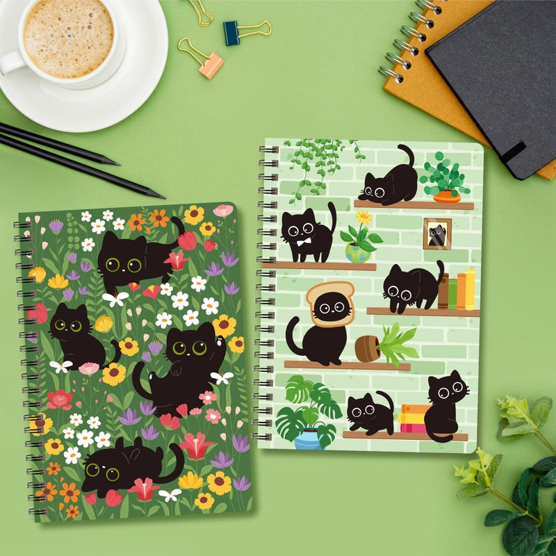 B1ykin A5 Spiral Notebooks, 2Pcs 50 Sheets 100 Pages Cute Wire Bound Travel Journal Spiral Notebookï¼Œ Writing Notepads Memo Diary Notes Travel Journal Notebooks for Kids Teens Students Adults (Black Cat Floral) - Image 4