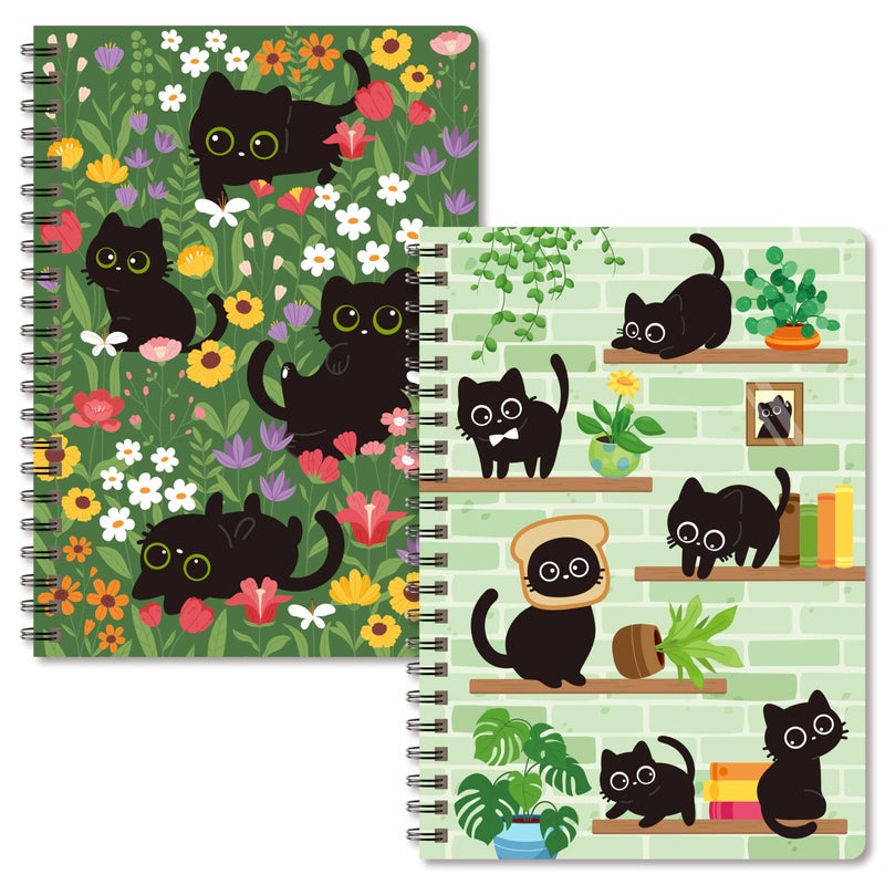 B1ykin A5 Spiral Notebooks, 2Pcs 50 Sheets 100 Pages Cute Wire Bound Travel Journal Spiral Notebookï¼Œ Writing Notepads Memo Diary Notes Travel Journal Notebooks for Kids Teens Students Adults (Black Cat Floral) - Image 1