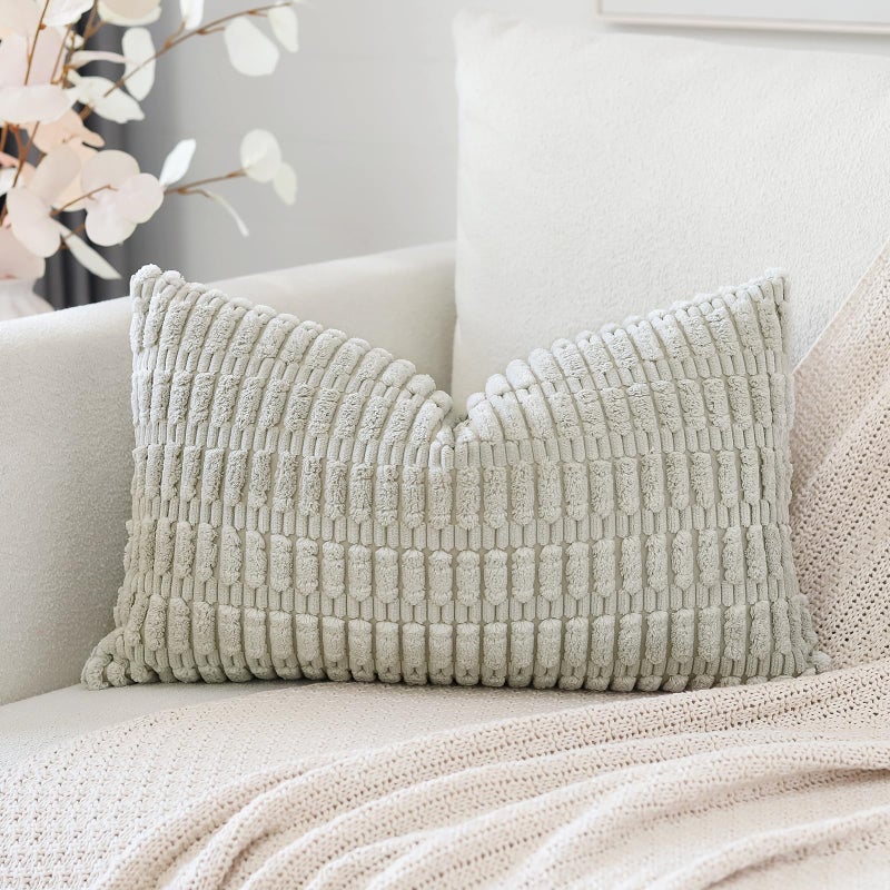 OTOSTAR Corduroy Decorative Throw Pillow Covers 12x20 Inch Super Soft Boho Striped Rectangle Pillow Covers Case Modern Cushion Covers for Sofa Couch Bedroom Car Decor Light Grey - Image 1
