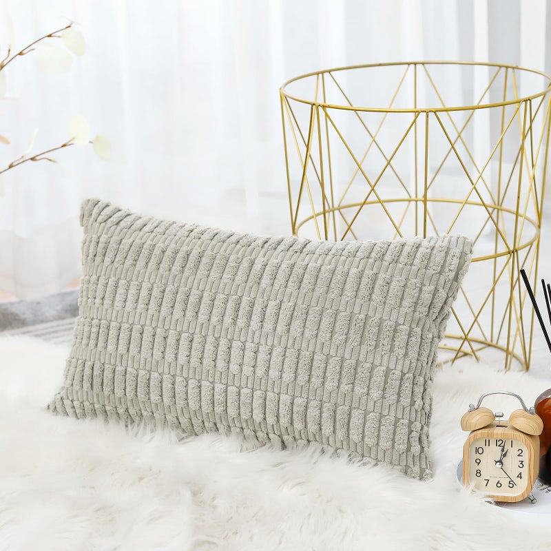 OTOSTAR Corduroy Decorative Throw Pillow Covers 12x20 Inch Super Soft Boho Striped Rectangle Pillow Covers Case Modern Cushion Covers for Sofa Couch Bedroom Car Decor Light Grey - Image 2