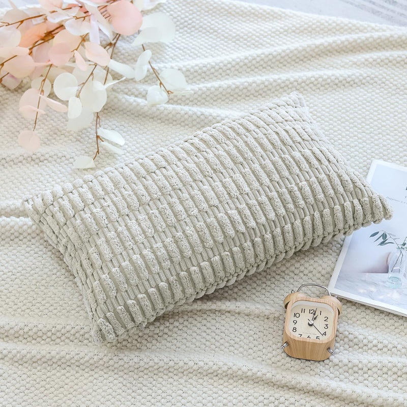 OTOSTAR Corduroy Decorative Throw Pillow Covers 12x20 Inch Super Soft Boho Striped Rectangle Pillow Covers Case Modern Cushion Covers for Sofa Couch Bedroom Car Decor Light Grey - Image 3