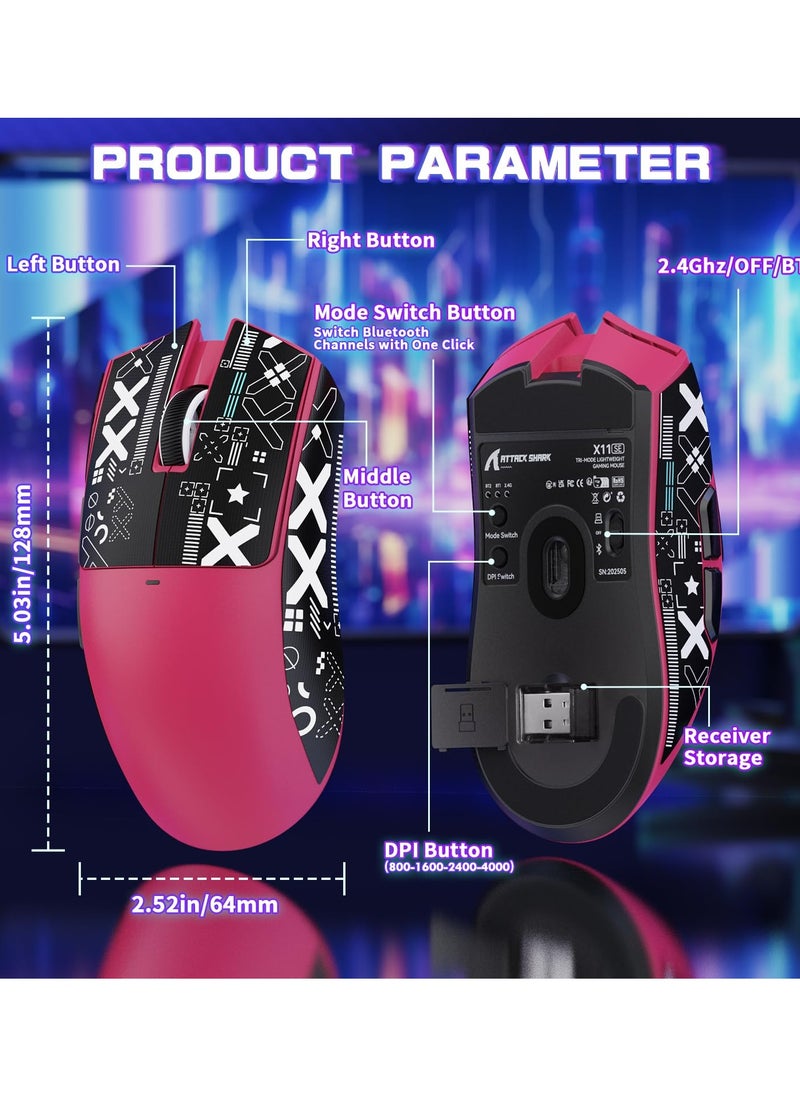X11SE Ultra-Light Wireless Gaming Mouse, Tri-Mode-2.4G/USB-C Wired/BT, PixArt PAW3311 Gaming Sensor, 22KDPI, 5 Programmable Buttons for Laptop, PC, Mac Gamer (Berry Red&Sticker)