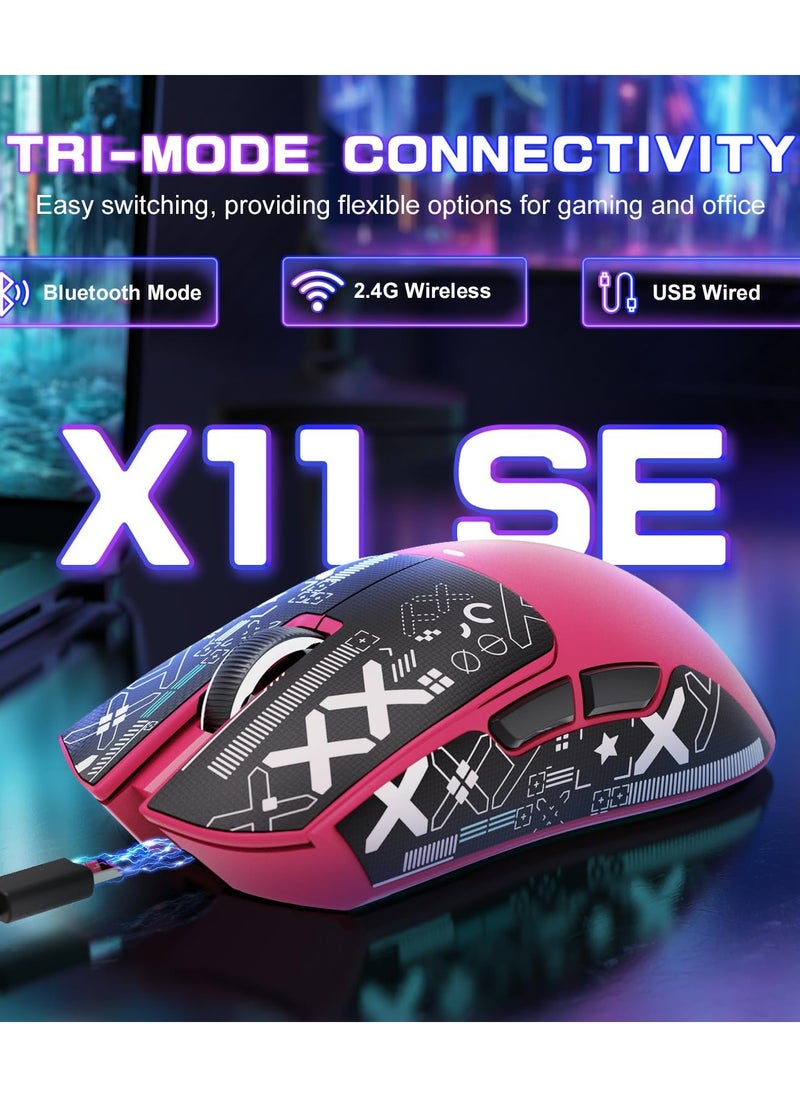X11SE Ultra-Light Wireless Gaming Mouse, Tri-Mode-2.4G/USB-C Wired/BT, PixArt PAW3311 Gaming Sensor, 22KDPI, 5 Programmable Buttons for Laptop, PC, Mac Gamer (Berry Red&Sticker)