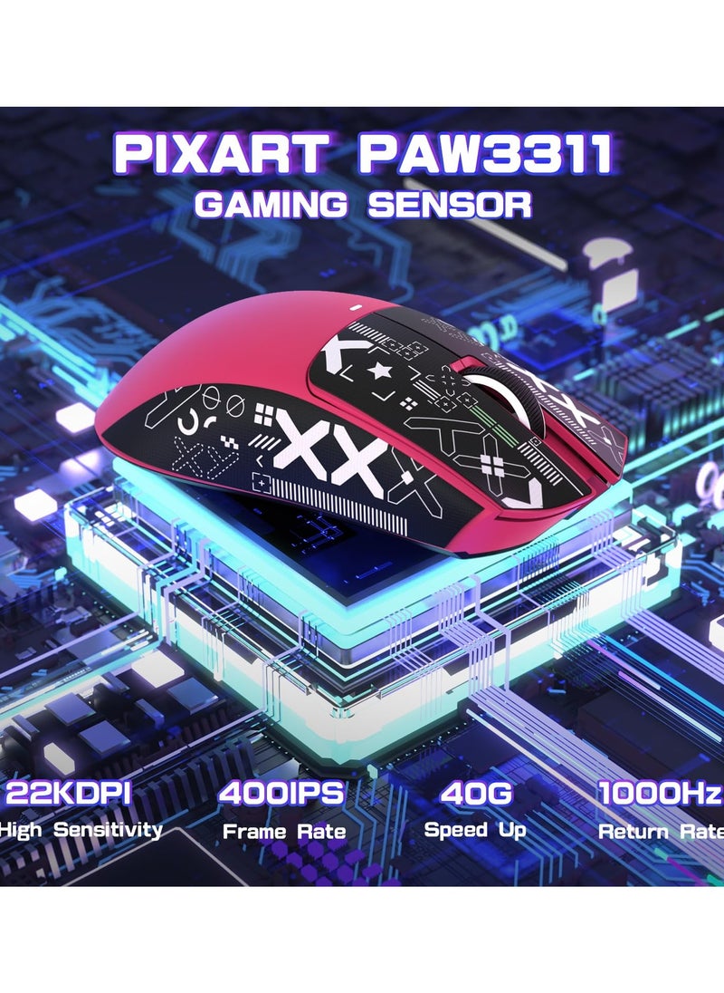 X11SE Ultra-Light Wireless Gaming Mouse, Tri-Mode-2.4G/USB-C Wired/BT, PixArt PAW3311 Gaming Sensor, 22KDPI, 5 Programmable Buttons for Laptop, PC, Mac Gamer (Berry Red&Sticker)