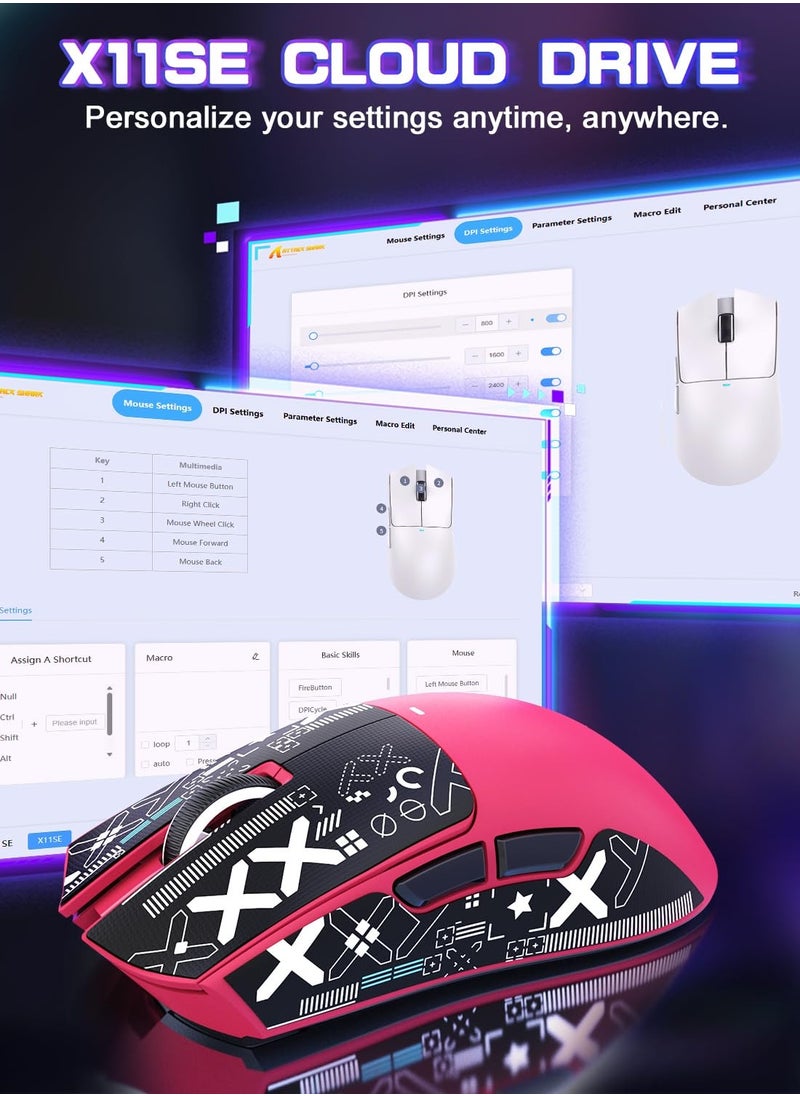 X11SE Ultra-Light Wireless Gaming Mouse, Tri-Mode-2.4G/USB-C Wired/BT, PixArt PAW3311 Gaming Sensor, 22KDPI, 5 Programmable Buttons for Laptop, PC, Mac Gamer (Berry Red&Sticker)